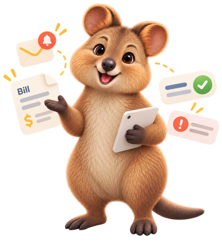 Penny, the friendly PennyGo mascot, surrounded by chat bubbles and a bill